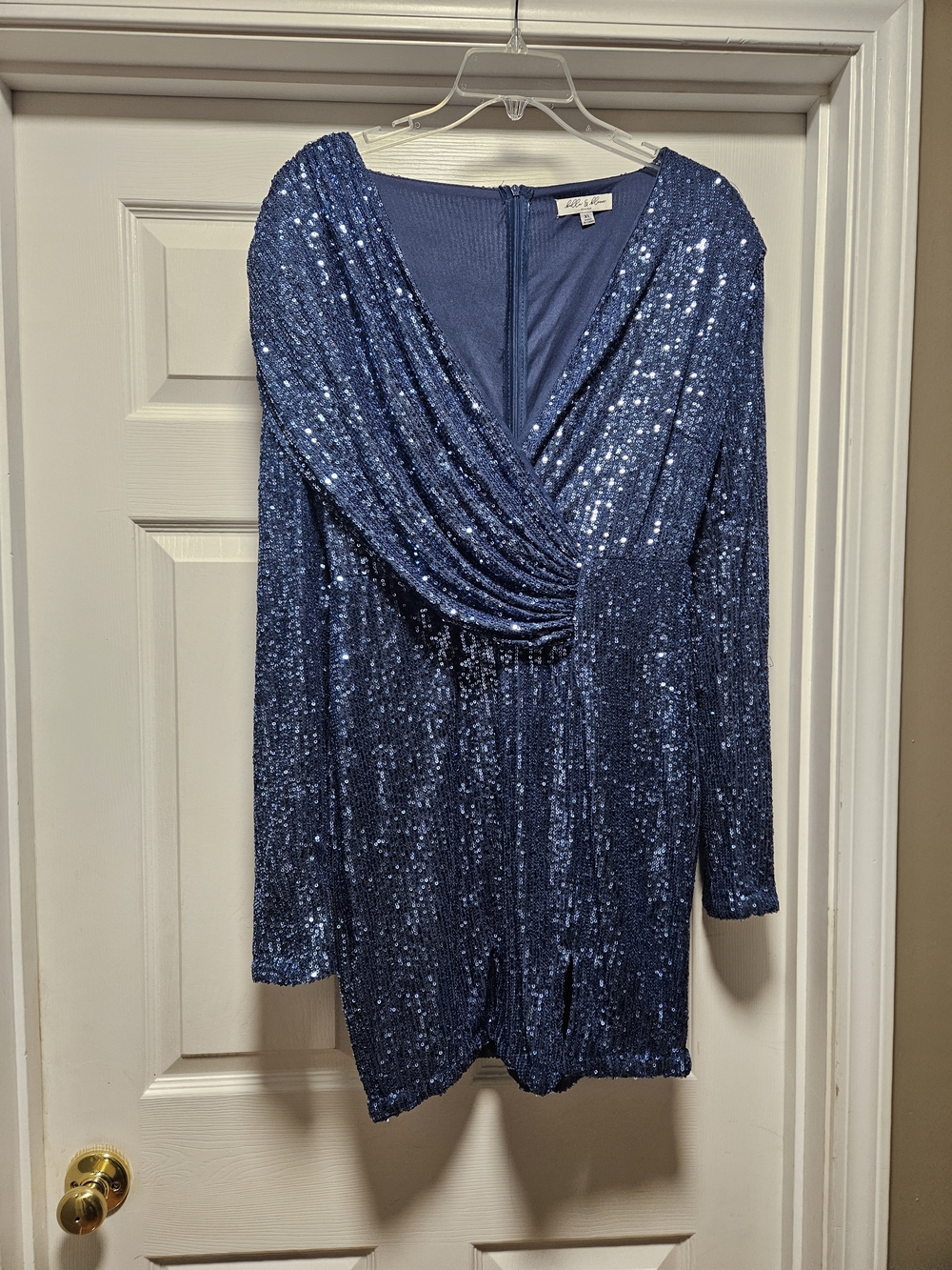 Alice + Olivia Navy Sequin Draped V-Neck Long Sleeve Dress